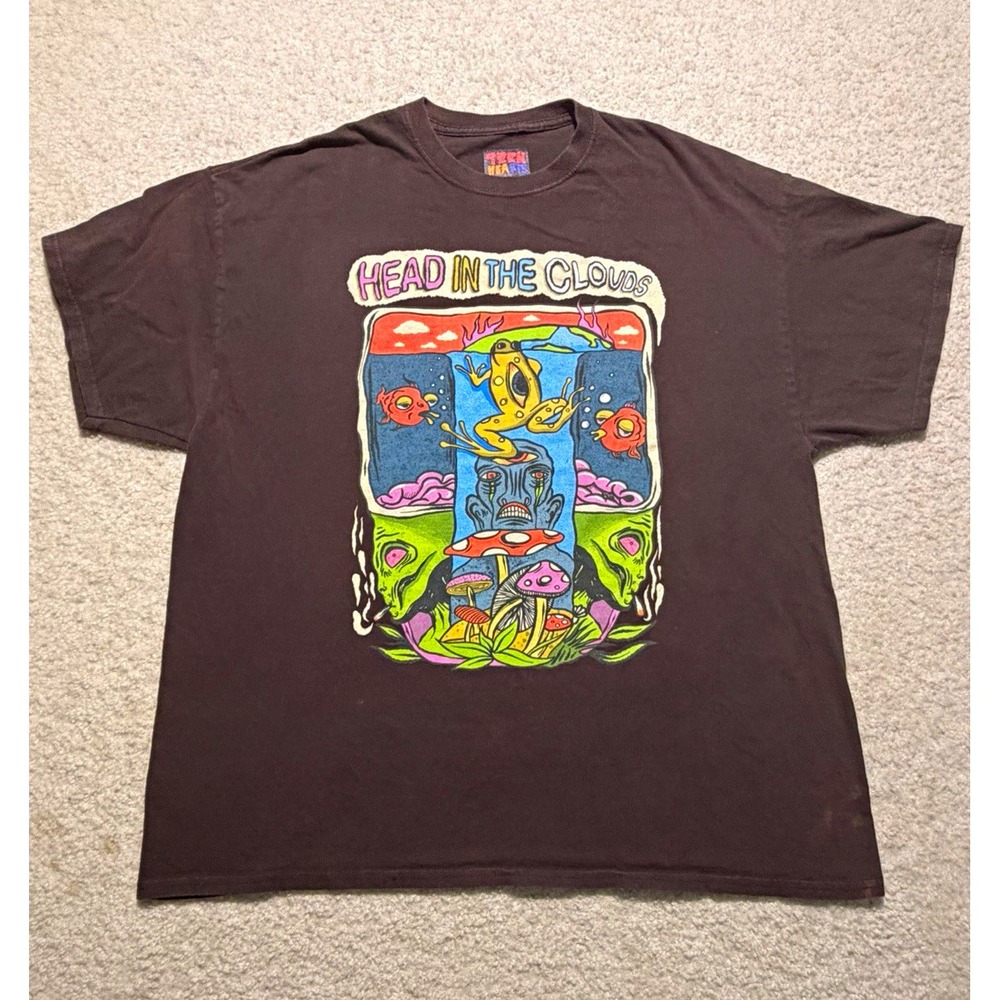 Teen Hearts Head In The Clouds T Shirt 2XL Y2K Psychedelic Mushroom Frog Brown